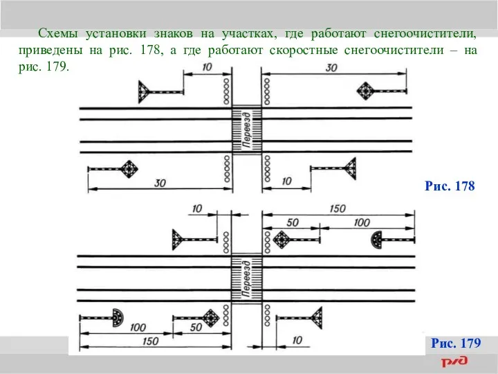 Схемы установки знаков на участках, где работают снегоочистители, приведены на