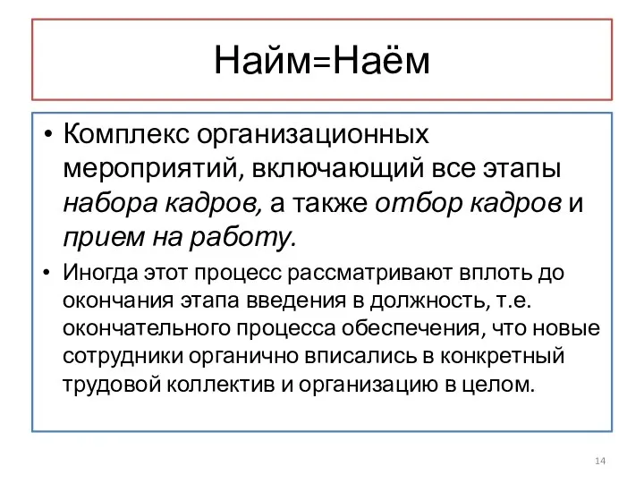 Найм=Наём Комплекс организационных мероприятий, включающий все этапы набора кадров, а