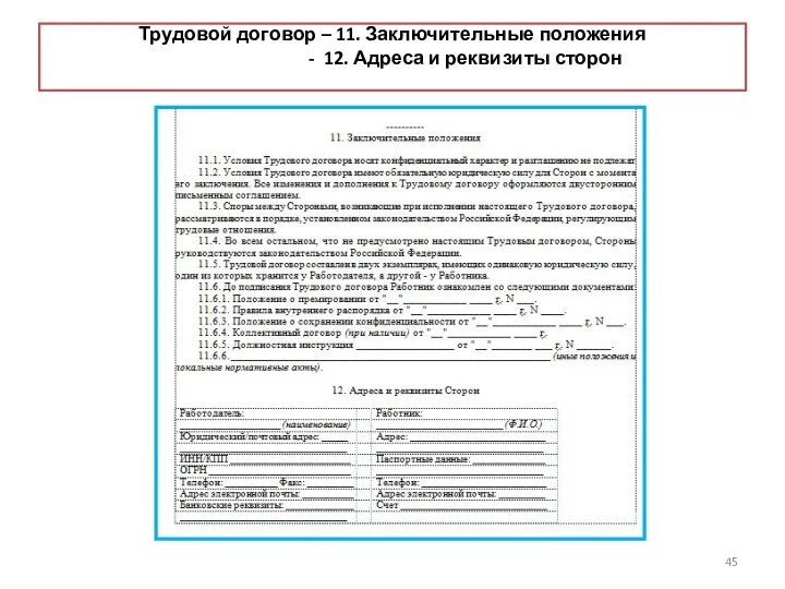 Трудовой договор – 11. Заключительные положения - 12. Адреса и реквизиты сторон