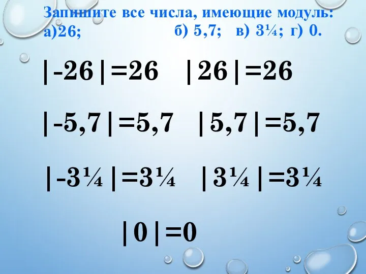 Запишите все числа, имеющие модуль: а)26; |-26|=26 |26|=26 б) 5,7;