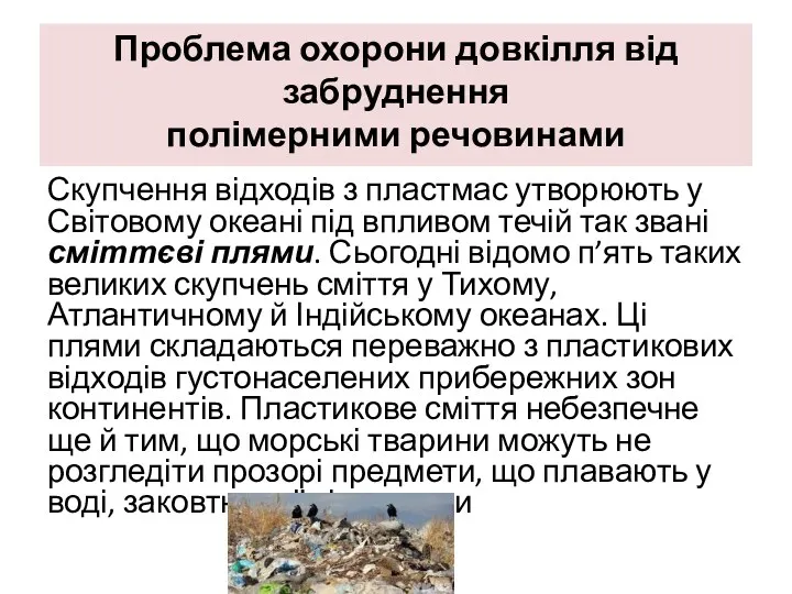 Проблема охорони довкілля від забруднення полімерними речовинами Скупчення відходів з