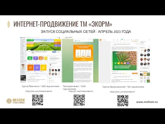 www.melkom.ru ИНТЕРНЕТ-ПРОДВИЖЕНИЕ ТМ «ЭКОРМ» Группа Вконтакте ~ 1000 подписчиков Телеграм-канал