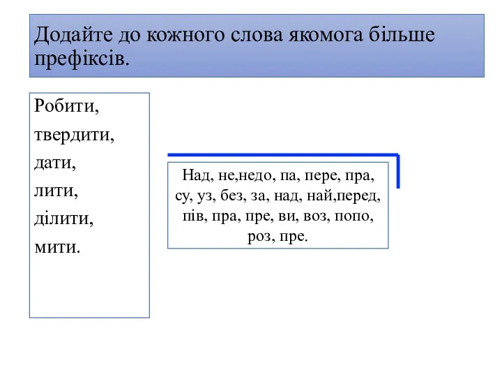 Додайте до кожного слова якомога більше префіксів. Робити, твердити, дати,