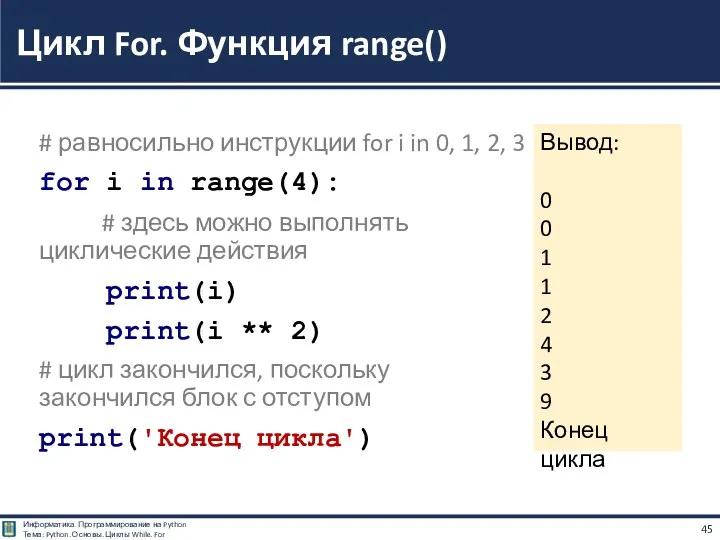 # равносильно инструкции for i in 0, 1, 2, 3