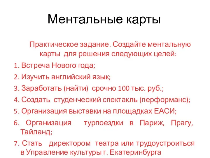 Ментальные карты Практическое задание. Создайте ментальную карты для решения следующих