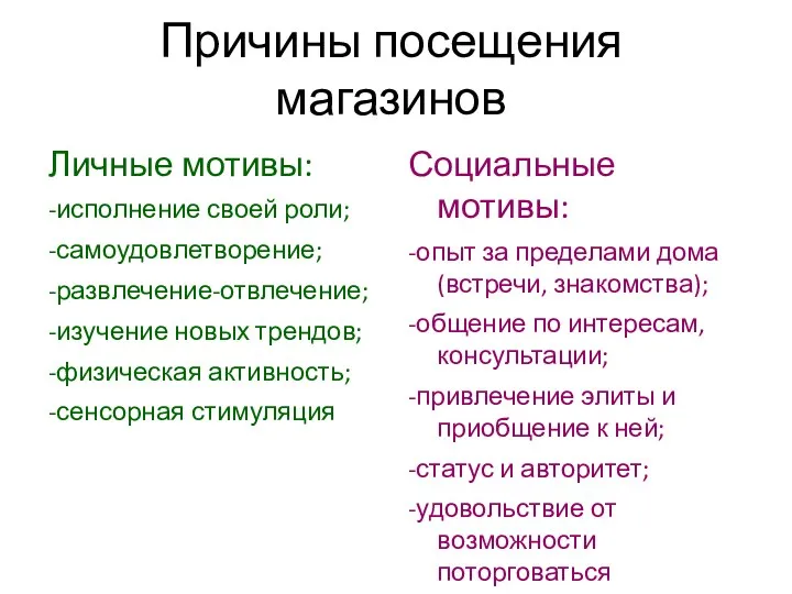 Причины посещения магазинов Личные мотивы: -исполнение своей роли; -самоудовлетворение; -развлечение-отвлечение;