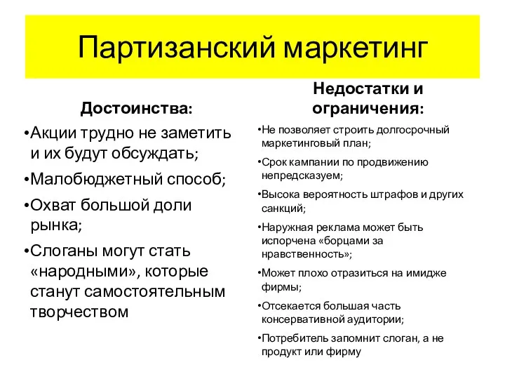 Партизанский маркетинг Достоинства: Акции трудно не заметить и их будут