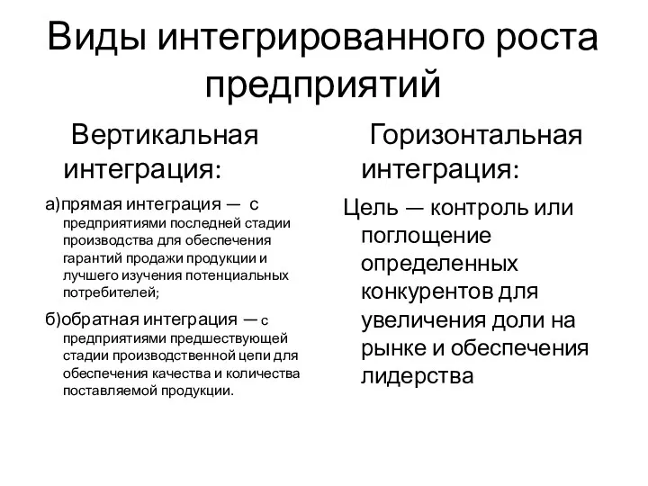 Виды интегрированного роста предприятий Вертикальная интеграция: а)прямая интеграция — с