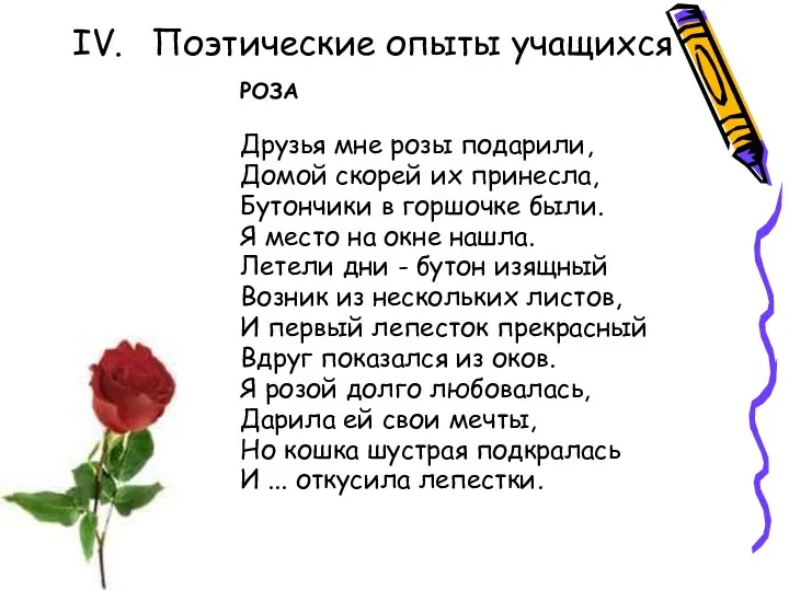 IV. Поэтические опыты учащихся РОЗА Друзья мне розы подарили, Домой