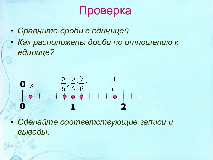 Проверка Сравните дроби с единицей. Как расположены дроби по отношению