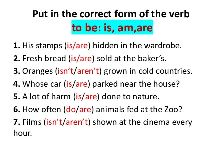 Put in the correct form of the verb to be: