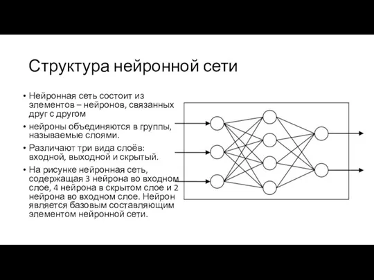 Структура нейронной сети Нейронная сеть состоит из элементов – нейронов,