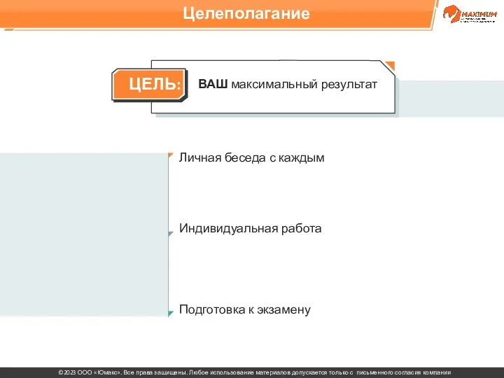 ВАШ максимальный результат Целеполагание Личная беседа с каждым Индивидуальная работа Подготовка к экзамену