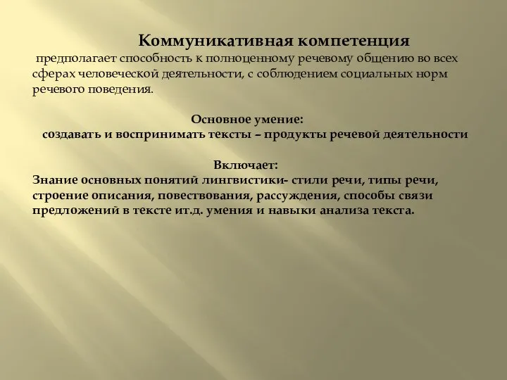 Коммуникативная компетенция предполагает способность к полноценному речевому общению во всех