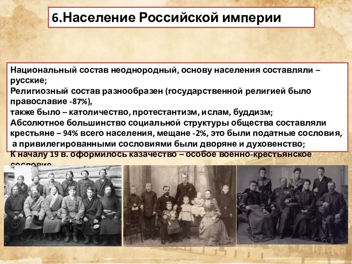 6.Население Российской империи Национальный состав неоднородный, основу населения составляли –