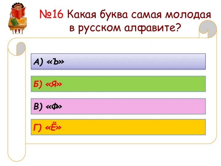 №16 Какая буква самая молодая в русском алфавите? А) «Ъ» Б) «Я» В) «Ф» Г) «Ё»