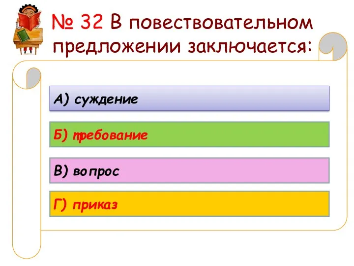 № 32 В повествовательном предложении заключается: А) суждение Б) требование В) вопрос Г) приказ