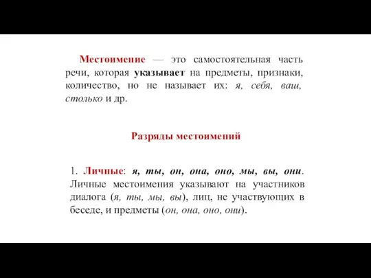 Местоимение — это самостоятельная часть речи, которая указывает на предметы,