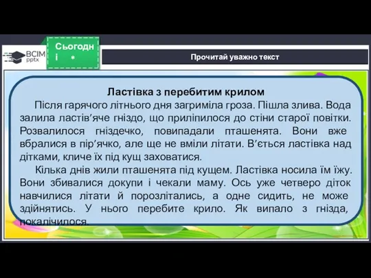 * Сьогодні Прочитай уважно текст Ластівка з перебитим крилом Після