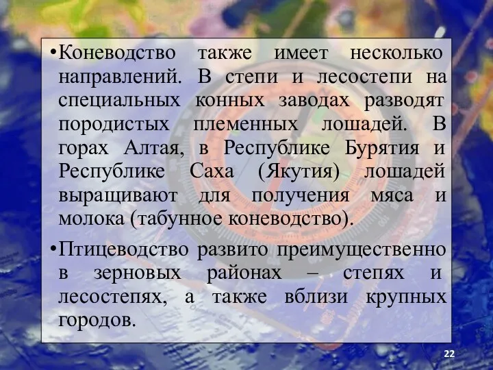 Коневодство также имеет несколько направлений. В степи и лесостепи на