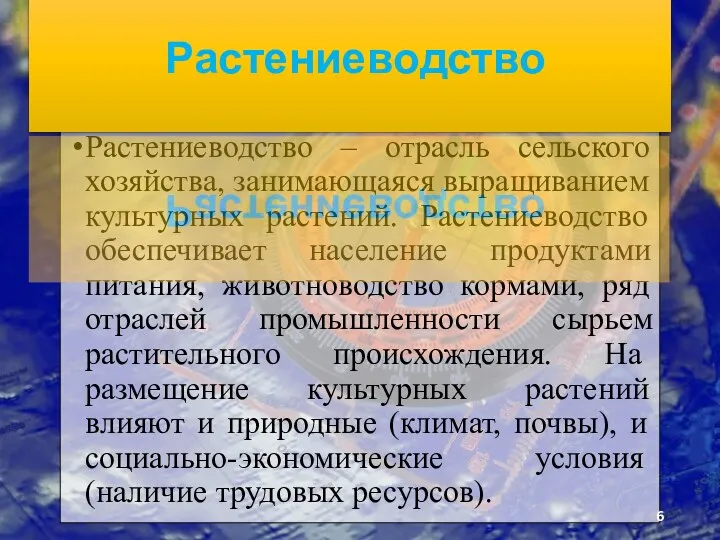 Растениеводство – отрасль сельского хозяйства, за­нимающаяся выращиванием культурных растений. Растениеводство