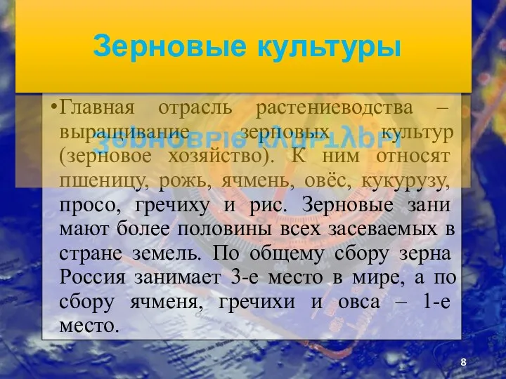 Главная отрасль растениевод­ства – выращивание зерновых культур (зерновое хо­зяйство). К