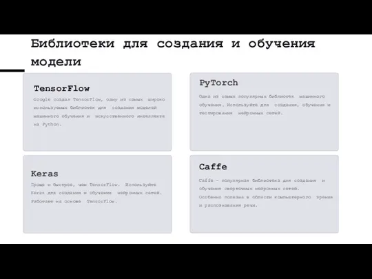 Библиотеки для создания и обучения модели TensorFlow Google создал TensorFlow,