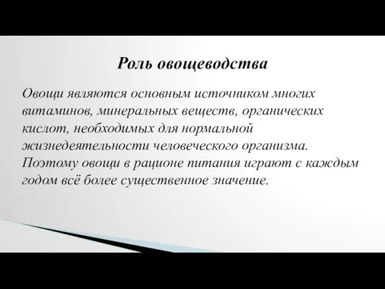 Овощи являются основным источником многих витаминов, минеральных веществ, органических кислот,