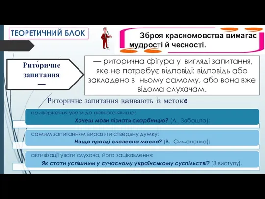 ТЕОРЕТИЧНИЙ БЛОК Рито́ричне запитання — — риторична фігура у вигляді