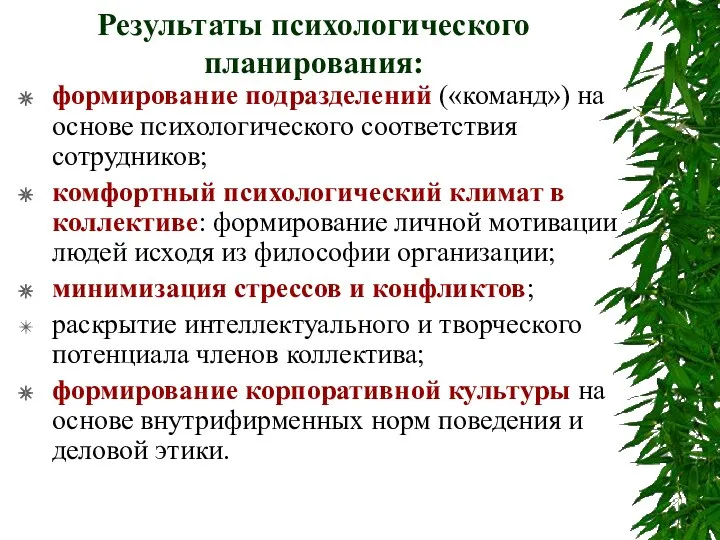 Результаты психологического планирования: формирование подразделений («команд») на основе психологического соответствия