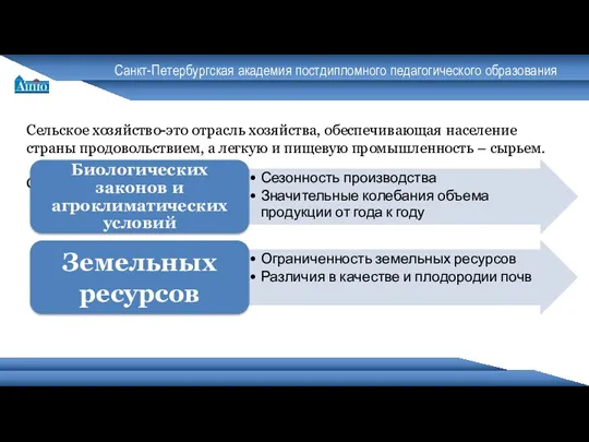 Санкт-Петербургская академия постдипломного педагогического образования Сельское хозяйство-это отрасль хозяйства, обеспечивающая население страны продовольствием,