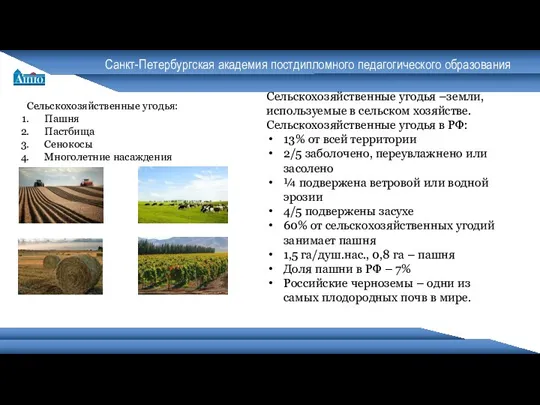 Санкт-Петербургская академия постдипломного педагогического образования Сельскохозяйственные угодья: Пашня Пастбища Сенокосы