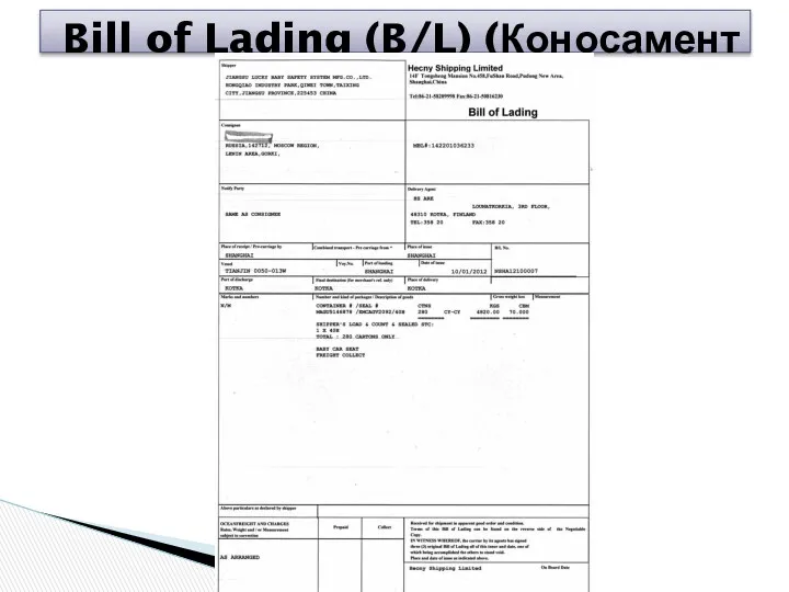 Bill of Lading (B/L) (Коносамент )