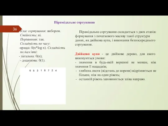 Пірамідальне сортування Клас сортування: вибором. Стійкість: ні. Порівняння: так. Складність