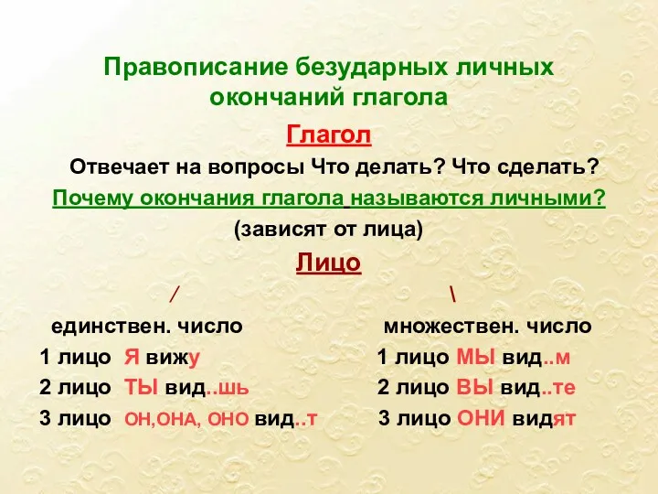 Правописание безударных личных окончаний глагола Глагол Отвечает на вопросы Что