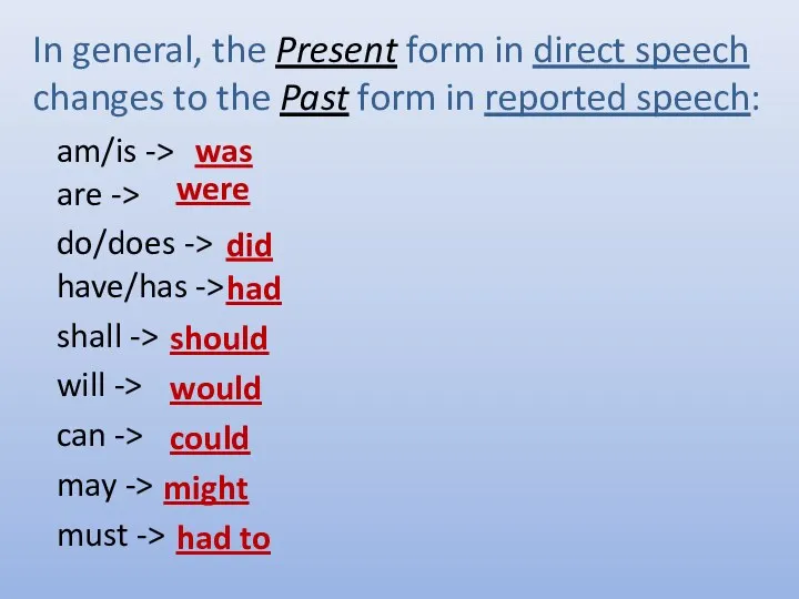 In general, the Present form in direct speech changes to