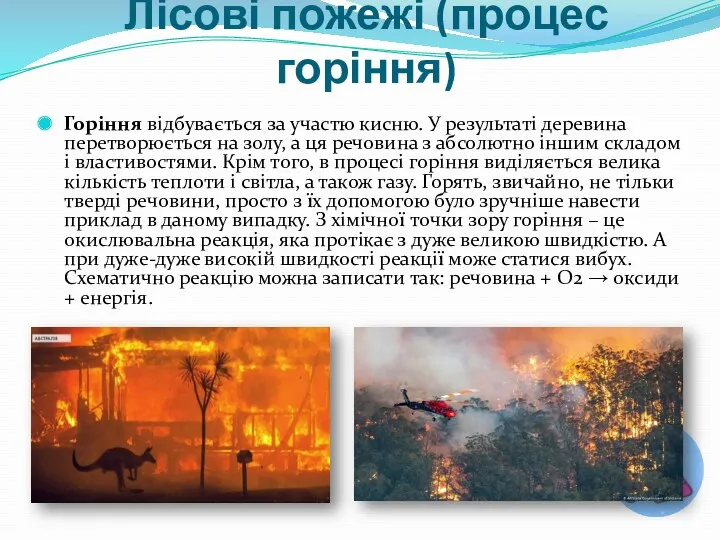 Лісові пожежі (процес горіння) Горіння відбувається за участю кисню. У