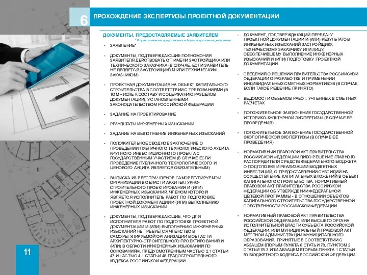 11 ПРОХОЖДЕНИЕ ЭКСПЕРТИЗЫ ПРОЕКТНОЙ ДОКУМЕНТАЦИИ ДОКУМЕНТЫ, ПРЕДОСТАВЛЯЕМЫЕ ЗАЯВИТЕЛЕМ: ЗАЯВЛЕНИЕ* ДОКУМЕНТЫ,