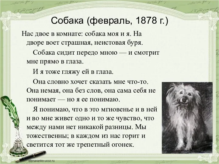 Собака (февраль, 1878 г.) Нас двое в комнате: собака моя