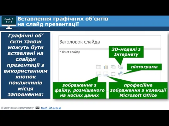Розділ 3 § 3.3 Вставлення графічних об’єктів на слайд презентації Графічні об’єкти також