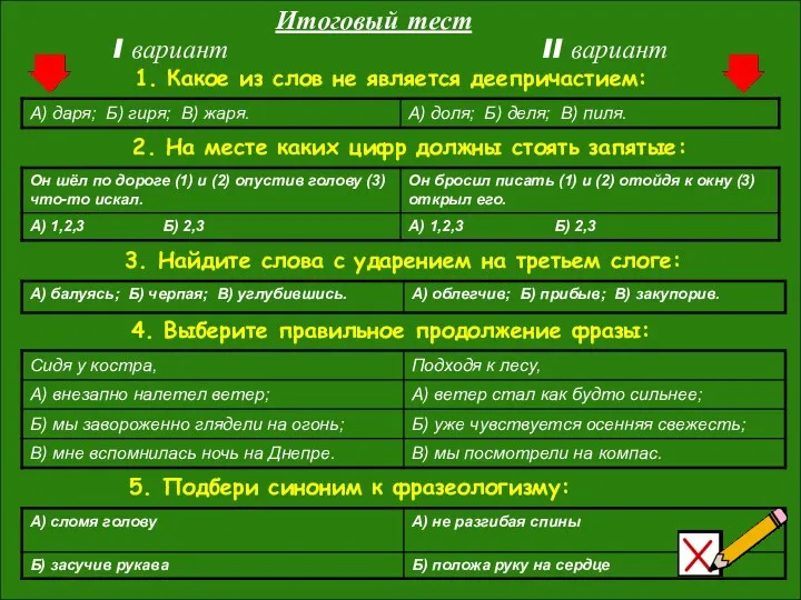 I вариант II вариант Итоговый тест 1. Какое из слов