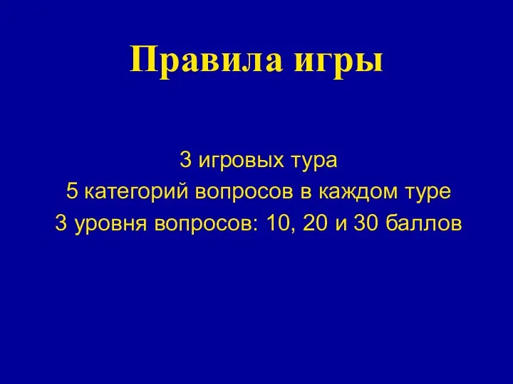 Правила игры 3 игровых тура 5 категорий вопросов в каждом