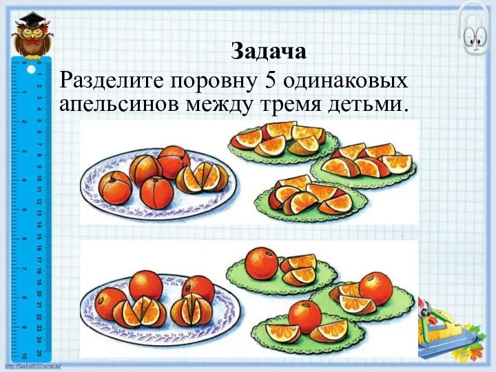 Задача Разделите поровну 5 одинаковых апельсинов между тремя детьми.