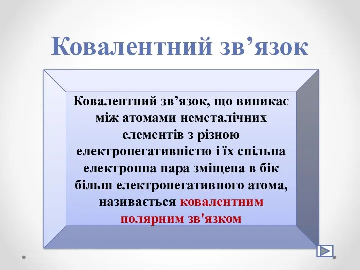 Ковалентний зв’язок Ковалентний зв’язок, що виникає між атомами неметалічних елементів