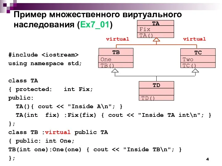 Пример множественного виртуального наследования (Ex7_01) #include using namespace std; class