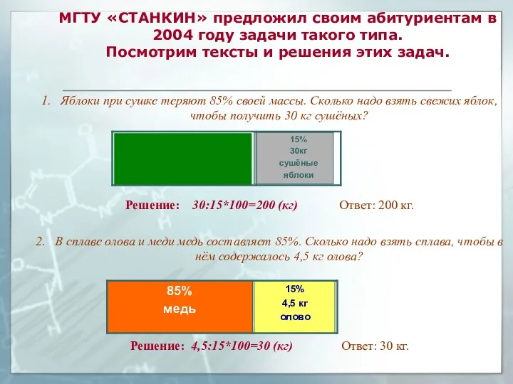 МГТУ «СТАНКИН» предложил своим абитуриентам в 2004 году задачи такого типа. Посмотрим тексты