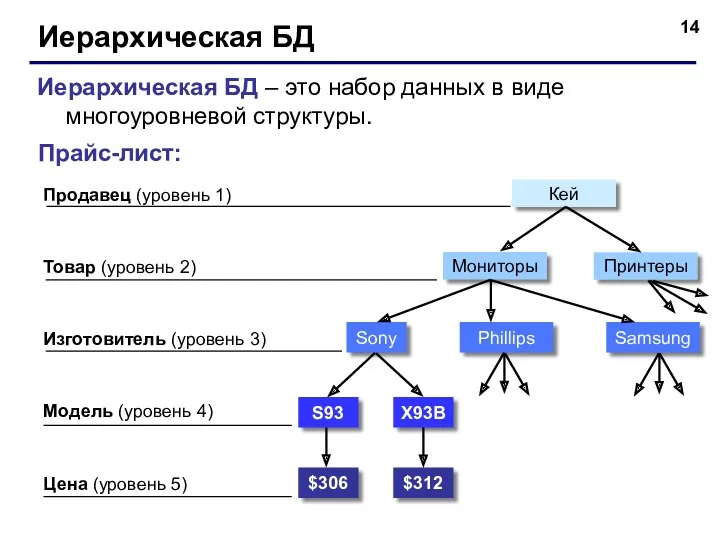 Иерархическая БД Иерархическая БД – это набор данных в виде