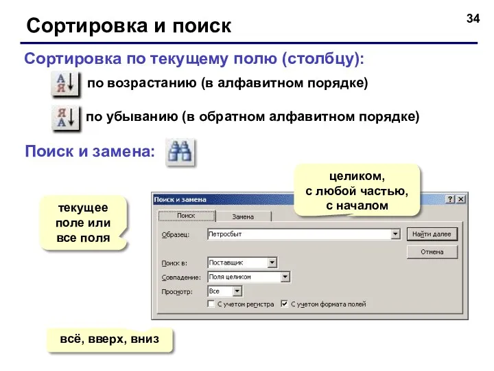 Сортировка и поиск Сортировка по текущему полю (столбцу): по возрастанию