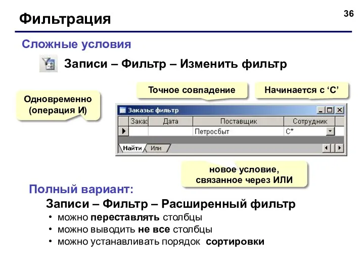 Фильтрация Сложные условия Одновременно (операция И) Начинается с ‘С’ новое