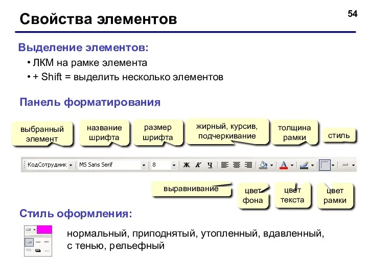 Свойства элементов Панель форматирования выбранный элемент название шрифта размер шрифта